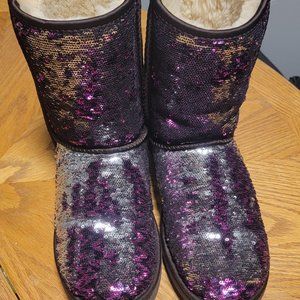 Brown Ugg Boots with Purple and Silver Flip Sequins
